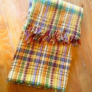 VINTAGE WOOL THROW BLANKET AMANA WOOLENS IOWA PLAID GOLD PURPLE ORANGE 59" X 64"